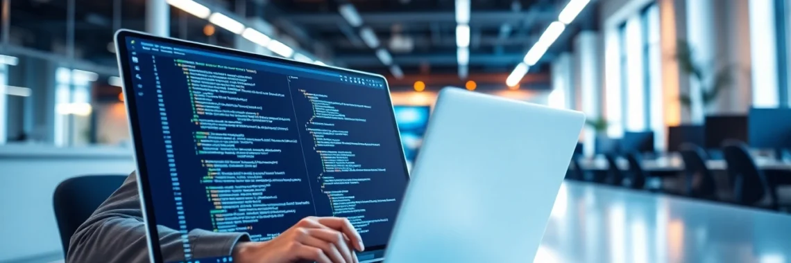 Java programming skills showcased by a developer coding on a laptop in a modern workspace,