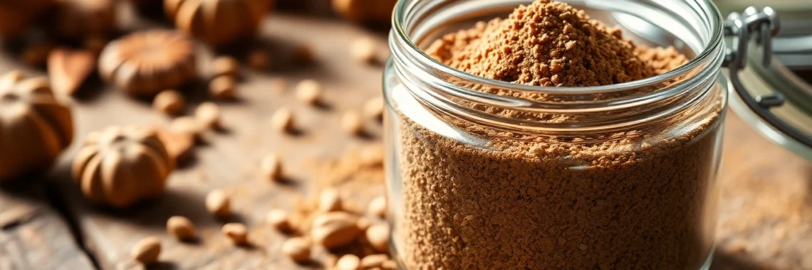 Nutmeg Powder in a glass jar with whole nutmeg seeds on wooden surface for culinary use and