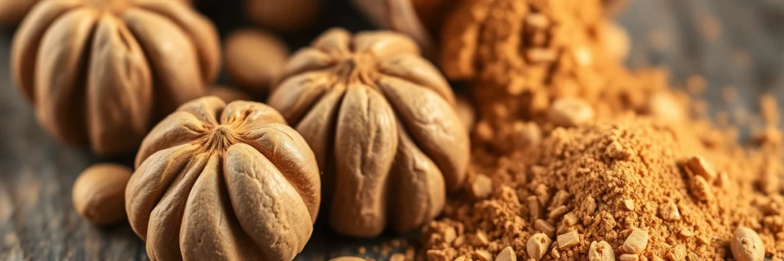 High-quality Nutmeg Powder displayed with whole seeds and ground spice, highlighting freshness